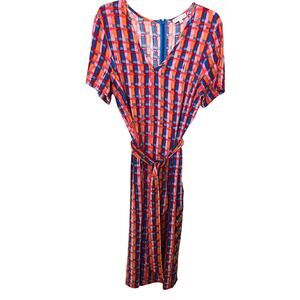 ARYESSA MIDI TUNIC SHORT SLEEVE DRESS, WOMENS, M, RED ORANGE BLUE PINK GEOMETRIC